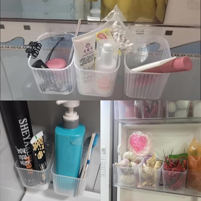 6Pack small Wall Mount Organizer, Adhesive Cabinet Door Storage Bins, Clear Makeup Container, Stackable Organizer Basket for Kitchen, Bathroom, rv, Pantry, Office，Refrigerator Small Items storage