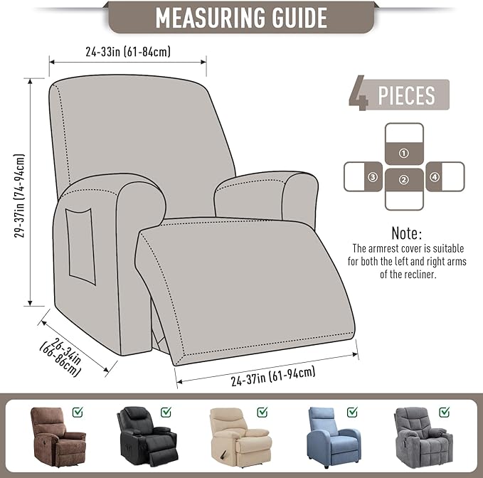 TAOCOCO Recliner Cover 4-Pieces, Recliner Stretch Sofa Slipcover, Recliner Cover 1 Seat, Couch Protector Soft, Furniture Protector Covers with Elastic,Chair Covers Jacquard Pattern (Pale Brown)