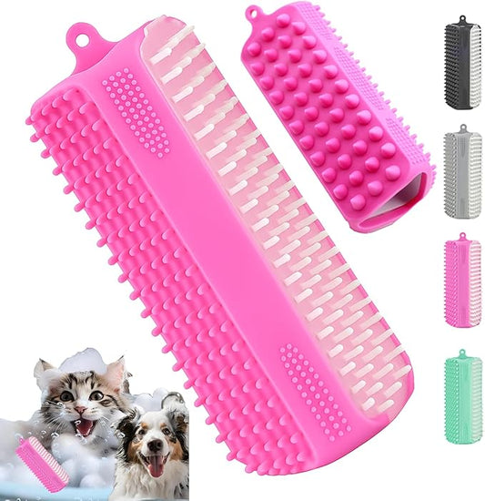 3-in-1 Pet Grooming & Bath Brush for Dogs and Cats, Triple-Sided Design with Cone Massage Tips, Long Self-Cleaning Deshedding Nubs, Short Bathing Nubs, Soft Silicone Brush with Hanging Loop, Pink