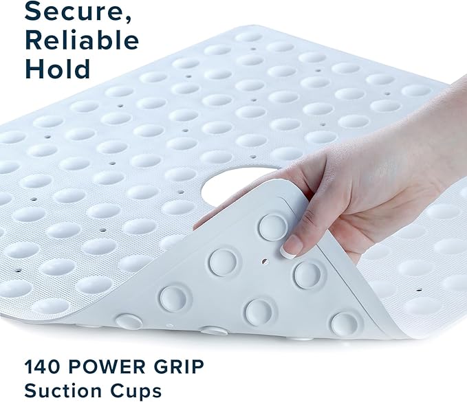 SlipX Solutions Square Natural Rubber Shower Stall Mat, 21” x 21”, Non Slip Safety, Built-in Product Protection, 140 Power Grip Suction Cups, Center Drain Hole, White