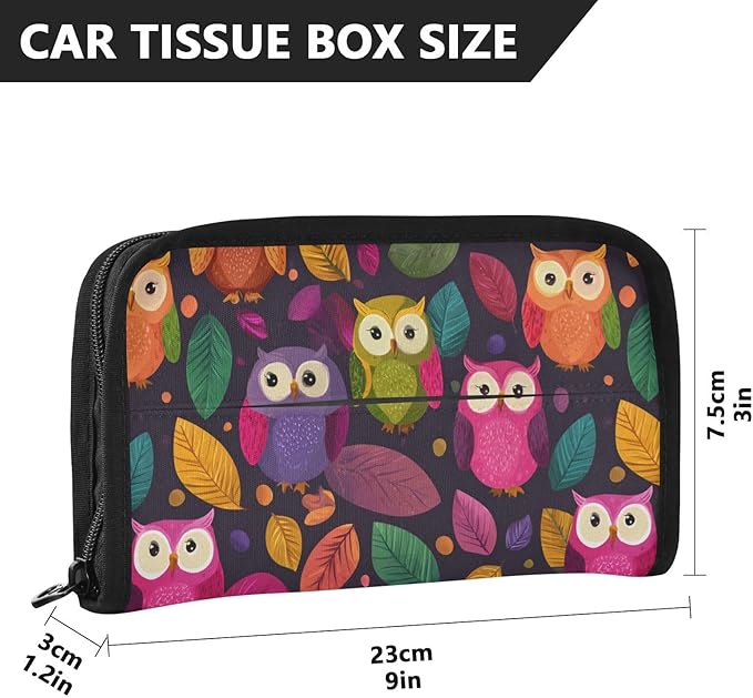 Car Tissue Holder Car Napkin Holder Car Tissue Box Dispenser Storage Case Sun Visor Mask Holder with Adjustable Straps Reusable Refillable Black Owl and Leaves