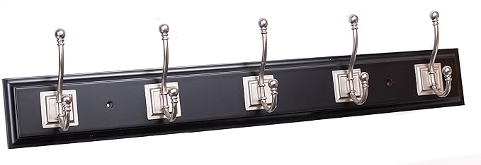 BIRDROCK HOME Classic Hook Rack and Hat Rack | 5 Hooks | Wall Mount | Black Finish | Satin Nickel Hooks