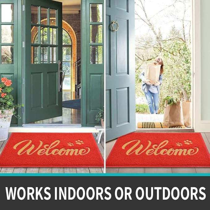 T.HENV Welcome Mat - Outdoor, 36x24 Waterproof All-Season Door Mat, All-Weather Quick Drying, Low Profile, Red-Gold
