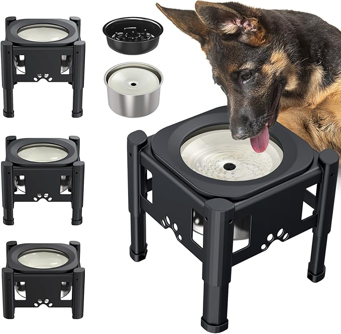 Lewondr Elevated Dog Water Bowl No Spill, 80OZ/2.5L Large Capacity Raised Water Bowl for Dogs with Slow Feeder Dog Bowl, 3 Heights Adjustable Elevated Dog Slow Water Bowl for Small Medium Large Dogs