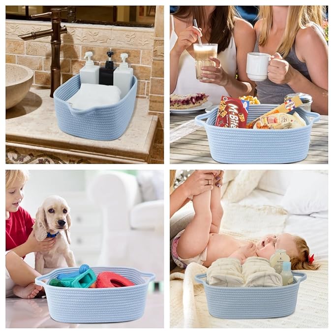 XUANGUO Woven Cotton Rope Storage Basket with Handles for Organizing Shelves Closet Small Cat Dog Pet Toy Baskets Box Bin Decorative Rectangle Baby Nursery Basket Gift Basket Empty blue