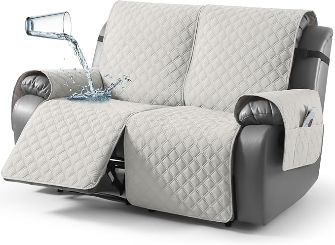 TAOCOCO 100% Waterproof Recliner Couch Covers, Recliner Sofa Covers with Leg Straps, 1-Piece Washable Reclining Sofa Cover with Pocket Couch Protector for Pets Kids(2 Seater, Off White)
