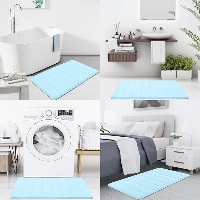 Buganda Memory Foam Bath Mat, 47" x 20", Ultra Soft and Non-Slip Bathroom Rugs, Water Absorbent and Machine Washable Bath Rug Runner for Bathroom, Shower, and Tub, Light Blue