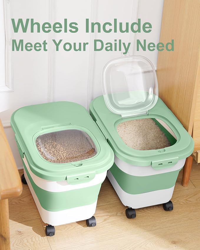 DDMOMMY 20-30 Lbs Rice Storage Container,Collapsible Food Storage Containers with Rolling Wheel Airtight Locking Lid,Flour Storage Container with Cup and Scoop,Suitable for Food,Rice,Pet Food,Flour