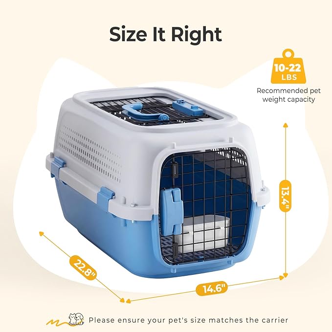 NEWBULIG 23" Hard-Sided Dog Carrier, Plastic Cat & Dog Crate, 4-Sided Ventilation Travel Pet Kennel, Top & Front Door Access, Integrated Food Bowl, for Small Pets up to 22 lbs, Blue