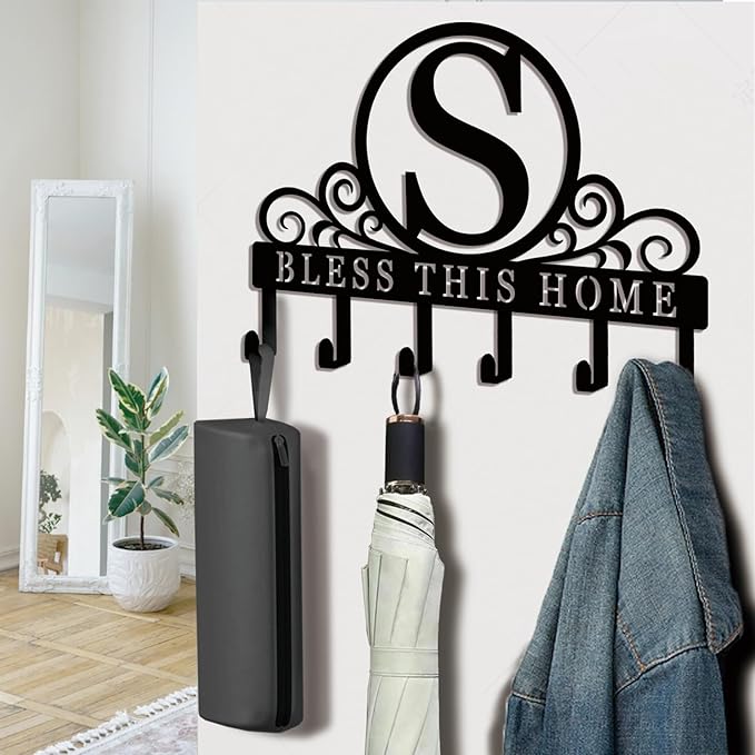 Metal Letter S Key Holder for Wall, Decorative Metal Key Holder Wall Mount, Key Hooks Coat Rack Monogram Wall Decor, Perfect for Bathroom, Living Room, Kitchen, Anniversary Housewarming Gift