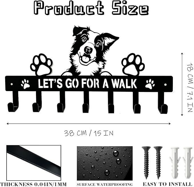 Border Collie Key Holder Wall Mount, Dog Leash Holder for Wall with 7 Hooks, Let‘s Go for a Walk Sign, Metal Black Entryway Key Rack, Front Door Small Car Key Hanger, Collie Decor & Gifts
