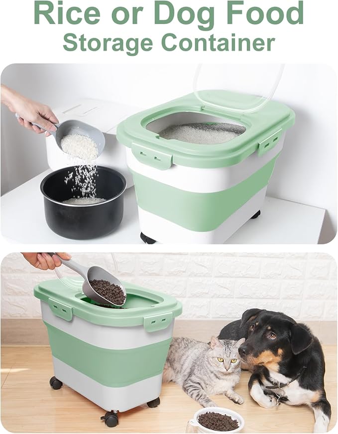 DDMOMMY 20-30 Lbs Rice Storage Container,Collapsible Food Storage Containers with Rolling Wheel Airtight Locking Lid,Flour Storage Container with Cup and Scoop,Suitable for Food,Rice,Pet Food,Flour