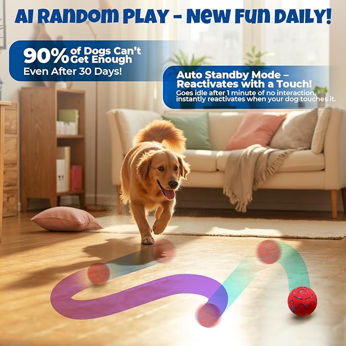 Fsitego Dog Balls: Interactive Dog Ball Auto Rolling - Interactive Dog Toys for Aggressive Chewers - Bouncy & Throwable, Type-C Rechargeable, Washable, for Small & Medium & Large Dogs – Red