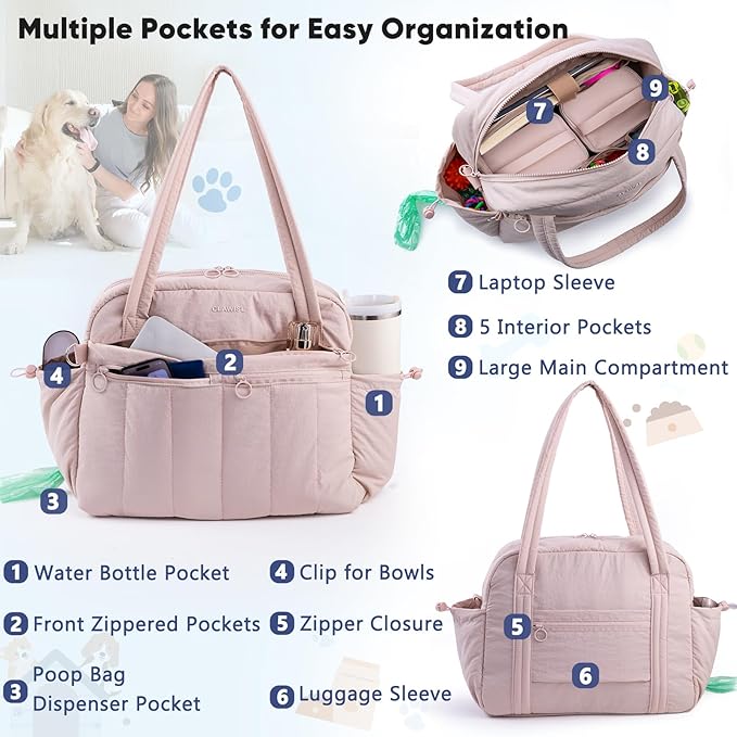 Dog Travel Bag for Supplies, Airline Approved Pet Travel Organizer with 2 Food Containers & Collapsible Bowls, Large Capacity Dogs Tote Bag for Weekend, Stylish Dog Mom Gift for Pet Lovers