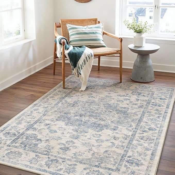 3x5 Washable Neutral Area Rug Blue Vintage Entryway Office Carpet Non-Slip Soft Low Pile Farmhouse Throw Rug for Entrance Living Room Bathroom Dining Room
