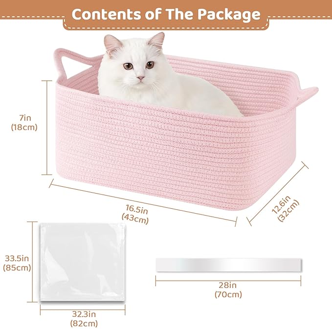 Large Empty Gift Baskets for Baby Shower, 16.5"L x 12.6"W x 7"H Cute Woven Storage Basket with Gift Bags and Ribbons, Small Rope Toy Basket with Handles, Cat Dog Pet Toy Organizer - Pink