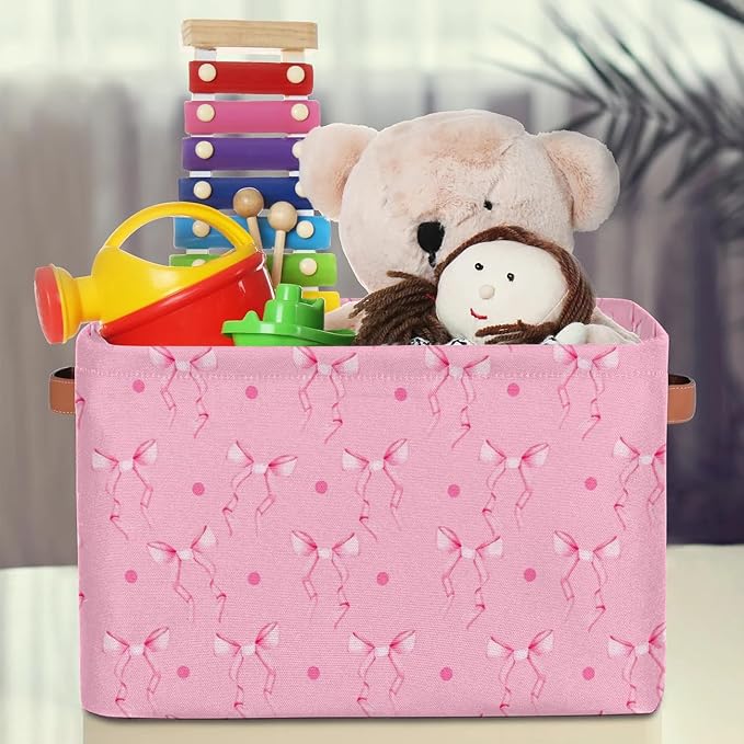 Valentines Day Cubes Storage Baskets,Pink Bow Ribbon Clothes Storage Box Bin,Open Shelves Basket Organizer Kid Boys Girls Toy Gifts Basket Empty for Bedroom Decorative