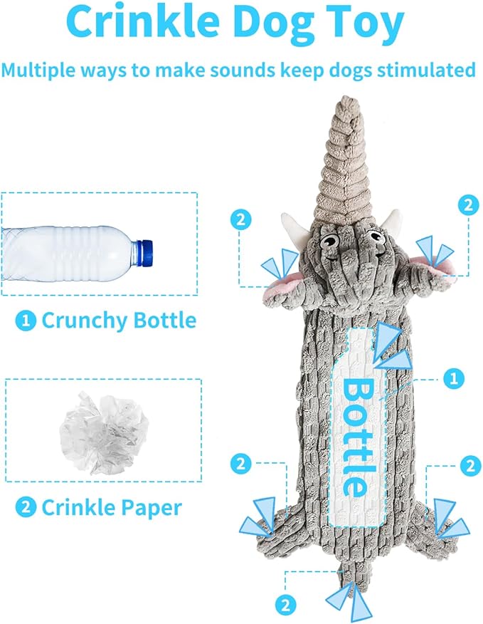 KrauzPet Dog Toys, Squeaky Plush No Stuffing Crinkle Dog Toy for Small Medium Large Dogs, Interactive Puppy Teething Water Bottle Dog Chew Toy