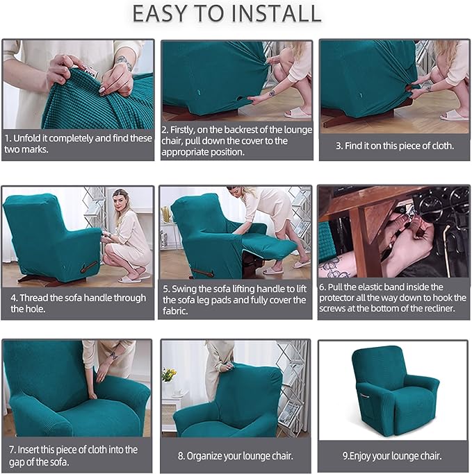 KEKUOU Recliner Chair Covers,Lazy Boy Recliner Covers Stretch Couch Cover Slipcovers 1 Piece Furniture Protector with Elastic Bottom for Kid,Dog(Recliner,Peacock Blue)