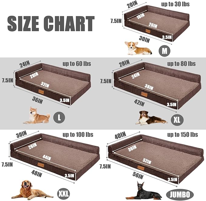 Patas Lague Orthopedic Dog Bed Large Sized Dog 36''X24'', Waterproof L Bolster Medium Pet Sofa Beds with Removable Washable Cover, Soft Pet Couch Crate Mat with Nonskid Bottom, Brown
