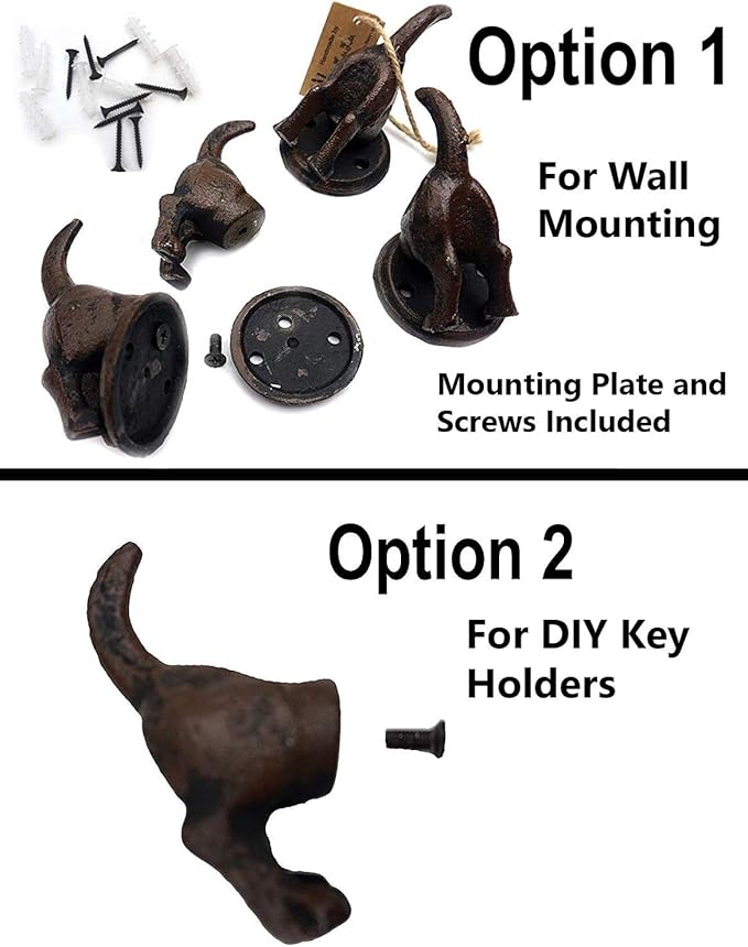 Lulu Decor, 100% Cast Iron Dog Tail Heavy Duty Hooks, Key Holder, Coat Decorative Hooks for Dog Lovers - Wall Mount Leash Holder for Wall Storage - Stylish (4 pcs)