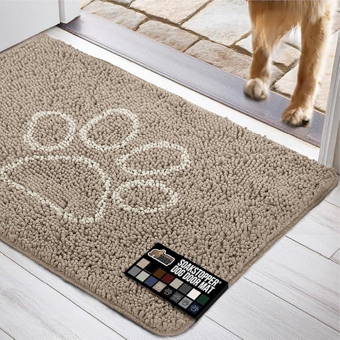 GORILLA GRIP SOAKSTOPPER Dog Door Mat, 36x24 Machine Washable Rug Absorbent Doormat Captures Moisture Mud Dirt, Quick Dry Soft Chenille Entryway Rugs Indoor Entrance Mats for Dog Paws, Beige Ivory