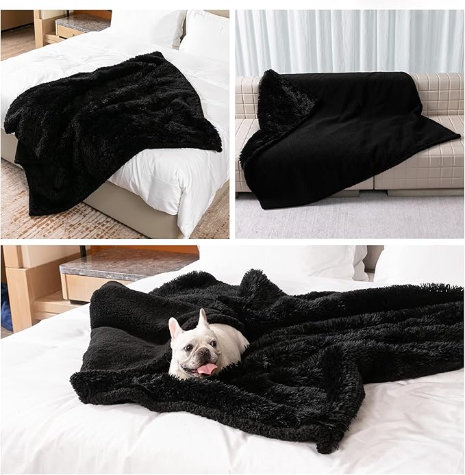 Wowchine Black Calming Dog Blankets Waterproof Pet Blanket for Dogs 40x28in Puppy Cats Fluffy Long Faux Fur Throw Blankets for Couch Protector Love Bed Cover Washable(Black,S)