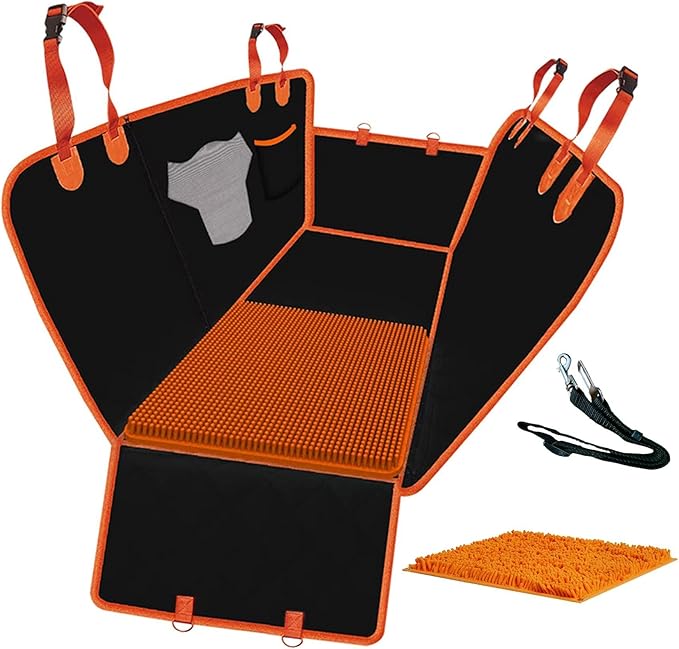 FAN WU Dog Car Seat Cover with Sniffle Mat – Anxiety Relief & Waterproof Protection for Dogs, Travel Hammock with Safety Belt & Removable Sniffing Pad (for Large Dogs)