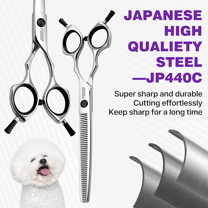 Dog Grooming Scissors Kit 7 in Professional Curved Thinning Straight Chunkers Shears for Grooming Dogs Cat Pet at Home Japanese 440C Stainless Steel(7.0'',Kit)
