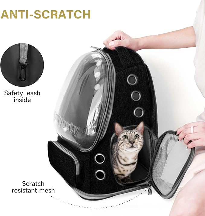 Cawypety Cat Backpack Carrier, Breathable Cat Carrier Large Space Bubble Pet Backpack for Kitty Small Dog up to 12lbs, Transparent & Foldable Pet Carrier for Travel Hiking (Black