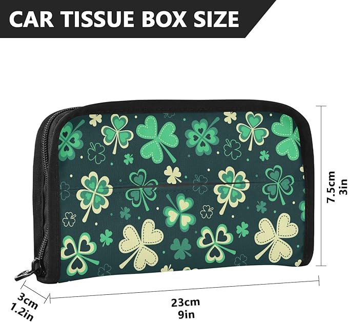 Car Tissue Holder Car Napkin Holder Car Tissue Box Dispenser Storage Case Sun Visor Mask Holder with Adjustable Straps Reusable Refillable Green Clover Leaves