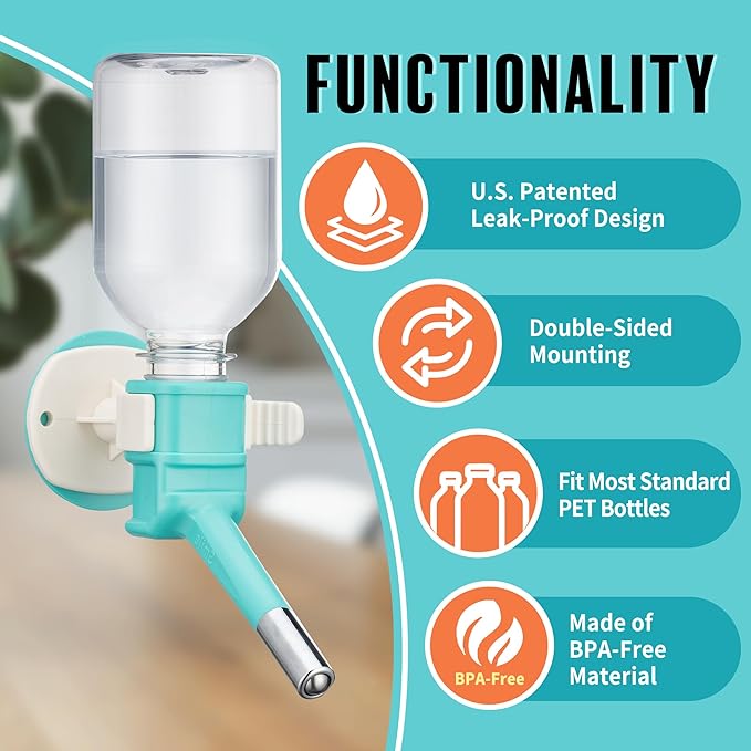 Choco Nose Patented No-Drip Water Bottle/Feeder for Puppies/Toy-Small Breed Dogs/Rabbits/Cats/Chinchillas and Other Small Pets and Animals - for Cages or Crates 10.2 oz. Nozzle 13mm, Aqua (C528)
