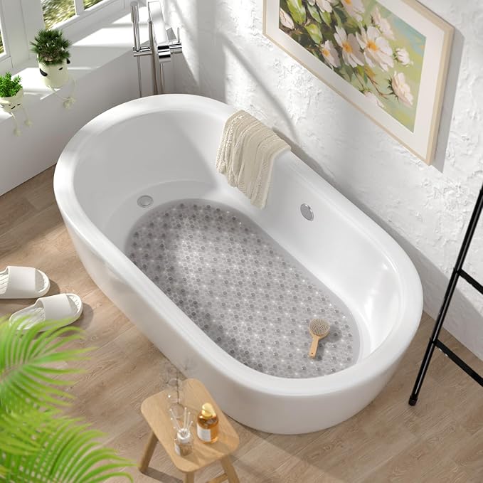 HITSLAM Non Slip Bathtub Mat, 27x15 Inch Bath Mat for Tub with Suction Cups and Drainage Holes, Machine Washable Oval Shower Mat for Kids, Seniors and Daily Use, Phthalate Free PVC, Grey