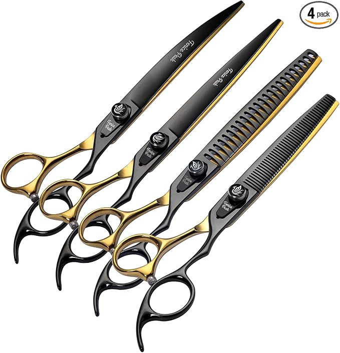 Fenice Peak 8'' Black and Gold Two-color Dog Grooming Scissors Set Straight Thinning Curved and Chunker Shears 4PCS Set with Pattern Screw and Ergonomic Offest Handle 440C Sharp and Durable