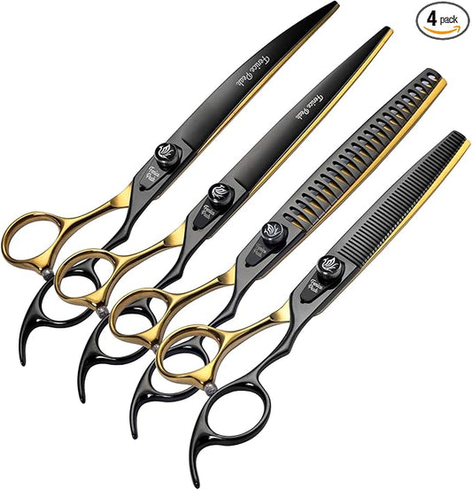 Fenice Peak 8'' Black and Gold Two-color Dog Grooming Scissors Set Straight Thinning Curved and Chunker Shears 4PCS Set with Pattern Screw and Ergonomic Offest Handle 440C Sharp and Durable