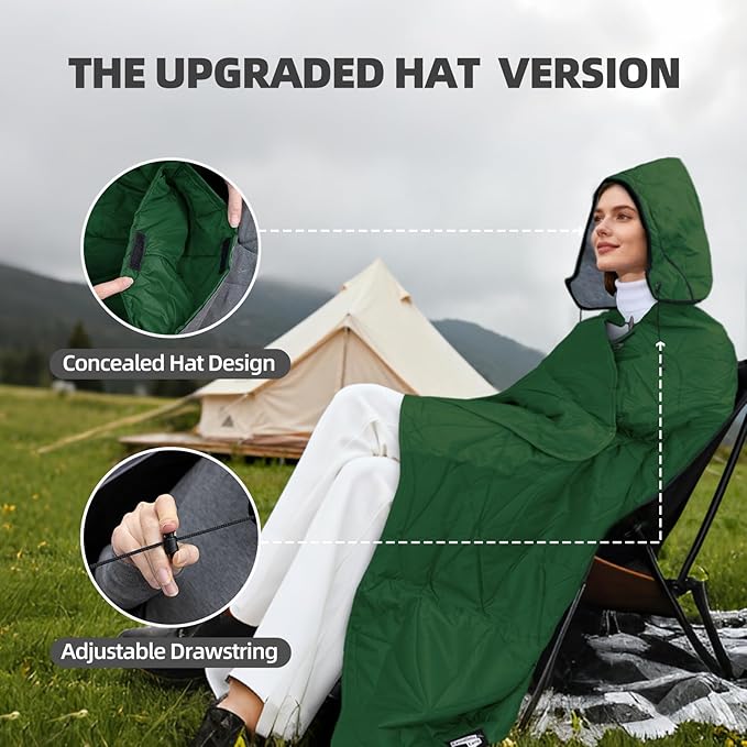 KawaGebo Kamp Outdoor Waterproof Blanket, Foldable Fleece Stadium Blanket for Outdoor Sports Event, Camping, Car, Pet, Picnics - Windproof, Wearable, Machine Washable 80" x 58" (Green,Hooded)
