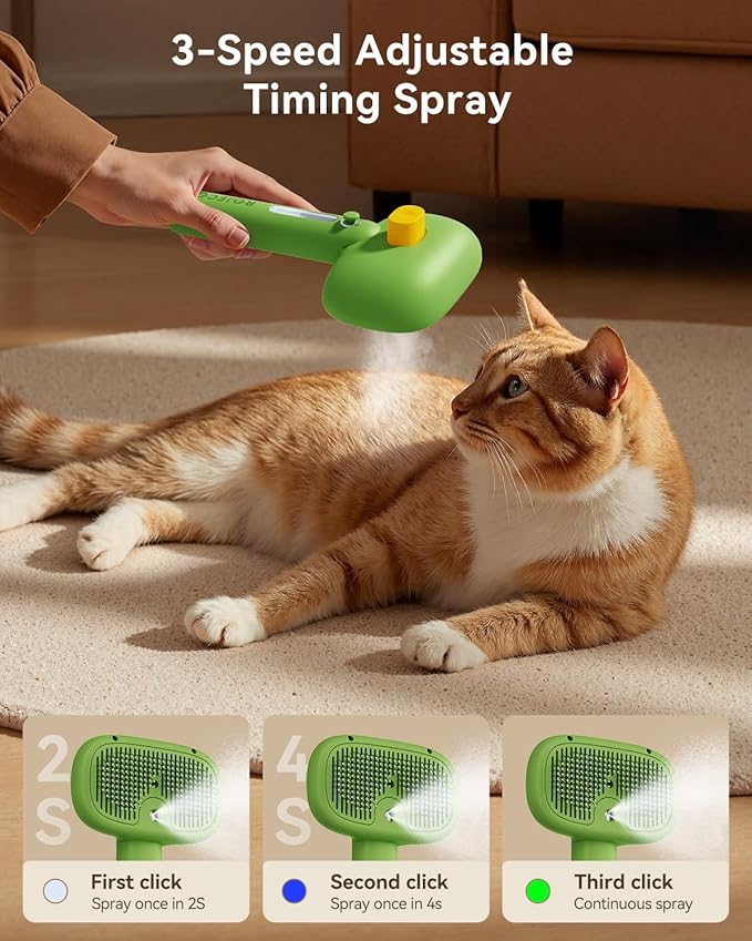 ROJECO 3-in-1 Pet Steam Brush for Cats&Dogs - Detangling Comb with Adjustable Mist, Handheld Deshedding Grooming Tool for Long/Short Hair, Massage Brush & Shedding Control Gift,Cordless (Green)