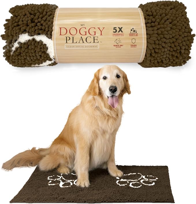 My Doggy Place Microfiber Dog Mat for Muddy Paws, 36" x 26" Brown with Paw Print - Absorbent and Quick-Drying Dog Paw Cleaning Mat, Washer and Dryer Safe - Non-Slip Rubber Backed Pet Mat, Large