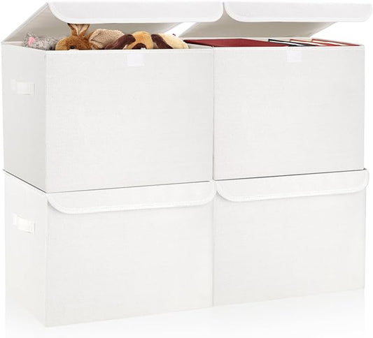 Bagnizer Large 22 Quart Linen Fabric Foldable Storage Bin Cube Organizer Basket with Flip-Top Lid & Handles, Clothes Blanket Box for Home, Office, Closet, White, 4 Pack 14.6 x 9.5 x 9.5”