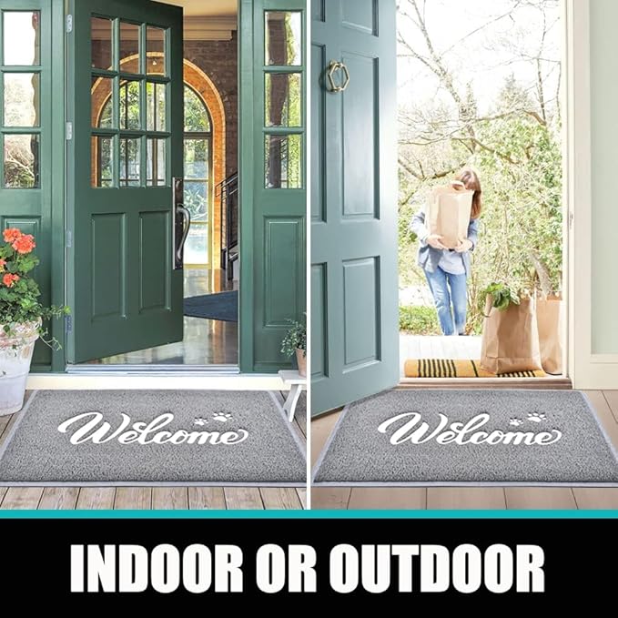 T.HENV Welcome Mat Outdoor, 2 Pack 32x20 Waterproof All-Season Front Door Mat Outside Entrance, All-Weather Quick Drying, Low Profile Doormat Indoor, Patio Porch Entryway Mat, Grey-White