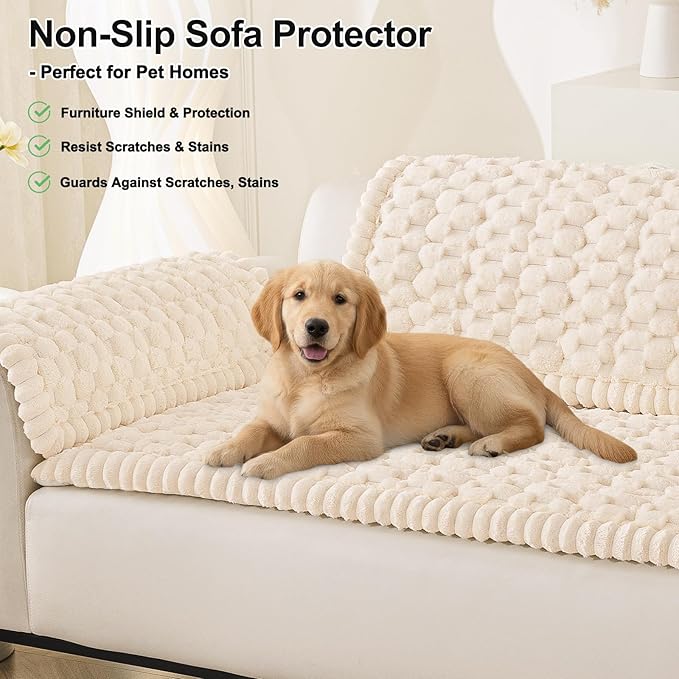 Smiry Pet Couch Cover for 3 Cushion Sofa, Non-Slip Fuzzy Couch Cover for Dogs Washable, Thick Soft Sofa Slipcovers Cushion Protector Pet Friendly (Cream, 27.6" x 47")