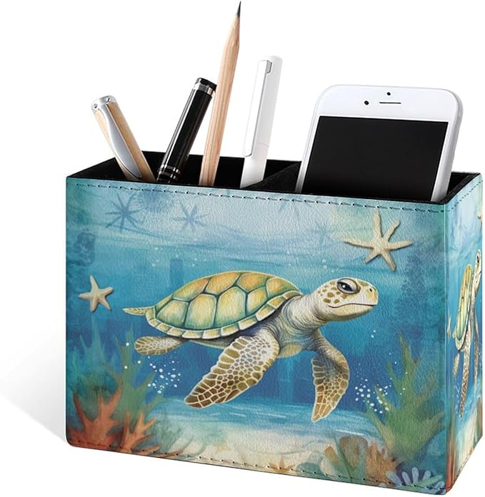 Famame Vintage Ocean Sea Turtle Starfish Pencil Holder for Desk, Leather Desktop Container Pen Cup Storage Study Table Pen Organizer Makeup Brush Holder for Classroom Office Home