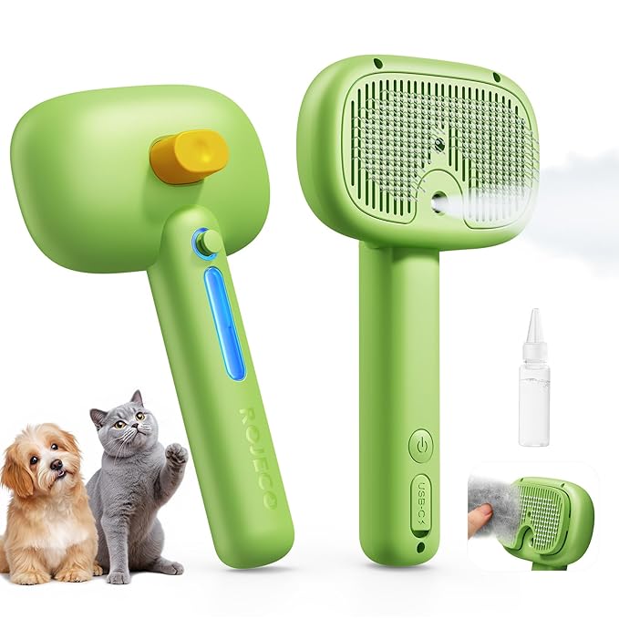 ROJECO 3-in-1 Pet Steam Brush for Cats&Dogs - Detangling Comb with Adjustable Mist, Handheld Deshedding Grooming Tool for Long/Short Hair, Massage Brush & Shedding Control Gift,Cordless (Green)