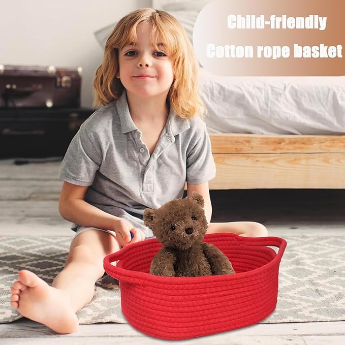 Poschnor Gift Basket with Gift Bags and Ribbons, Small Woven Rope Toy Storage Basket for Baby and Pet, 12"X 8" X 5", Red
