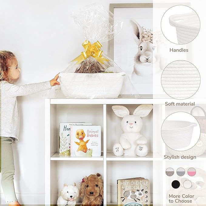 CHICVITA Small Basket for Gifts, Easter Basket for Kids, Empty Gift Baskets with Bags & Ribbons Rope Storage Baskets for Kids, 12"x 8"x 5"