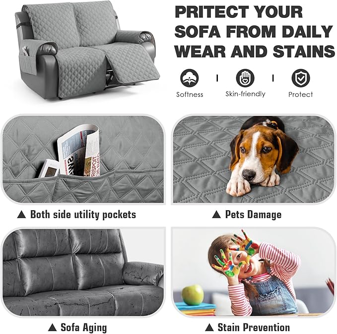 TAOCOCO 100% Waterproof Recliner Couch Covers, Recliner Sofa Covers with Leg Straps, 1-Piece Washable Reclining Sofa Cover with Pocket Couch Protector for Pets Kids(2 Seater, Light Gray)