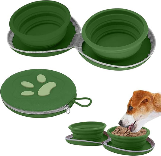Collapsible Dog Bowls, 2-in-1 Travel Double Bowl Water Food Feeder Portable Pet Traveling Camping & Walking 25oz (Green)