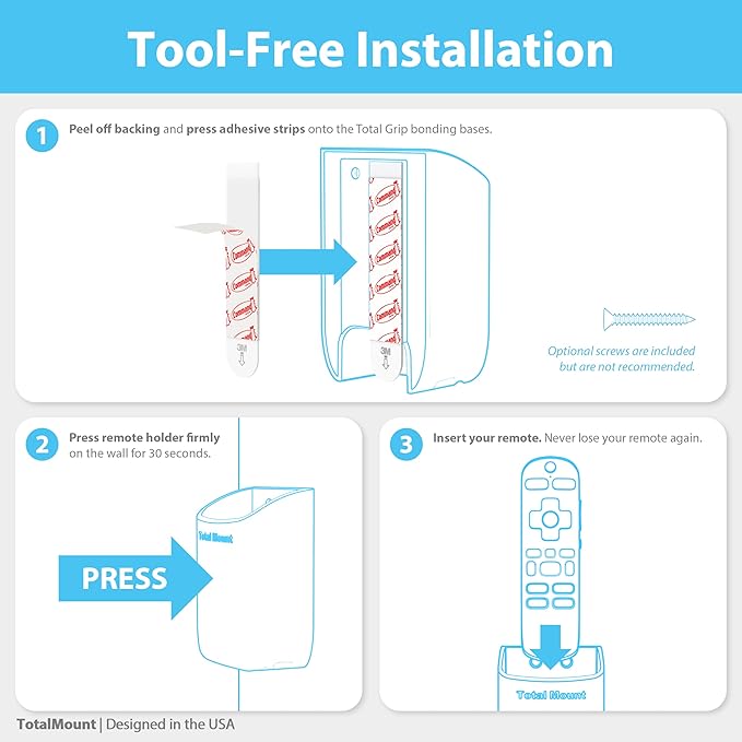 TotalMount Hole-Free Remote Holder – Eliminates Need to Drill Holes in Your Wall (White Remote Control Holder, Quantity 1)