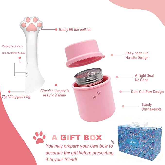 Original Canned Dog Food Storage Container & One Can Spoon | Silicone Can Cover Pet Food Sealer & Cute Paw Shape Opener Spatula | BPA Free, Airtight, Dishwasher & Freezer Safe (Blue+Pink)