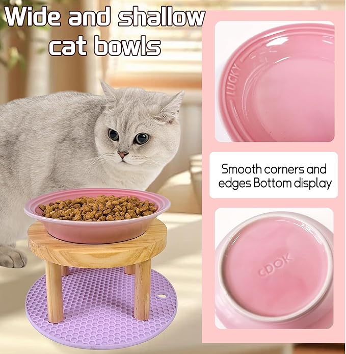 Elevated Cat Bowls Raised Ceramic Cat Dishes Adjustable Height Stand Whisker Fatigue Friendly Food Plates Feeding Station for Kittens Puppies Dog(Pink)